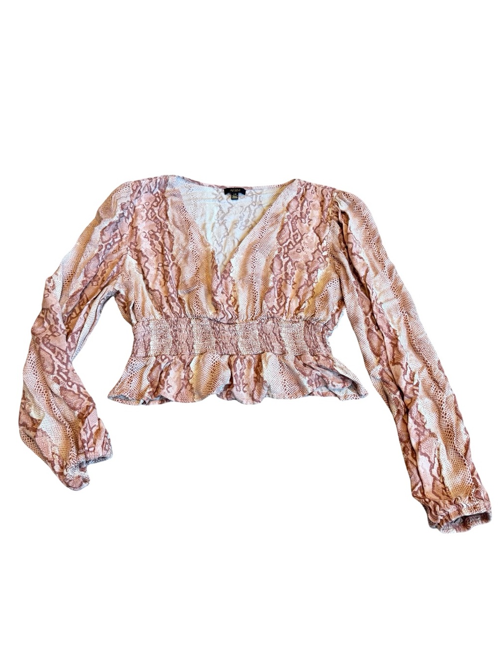 AFRM Snake Print Crop Top Shirt Blouse Long Sleeve Flowy Stretch Size Large